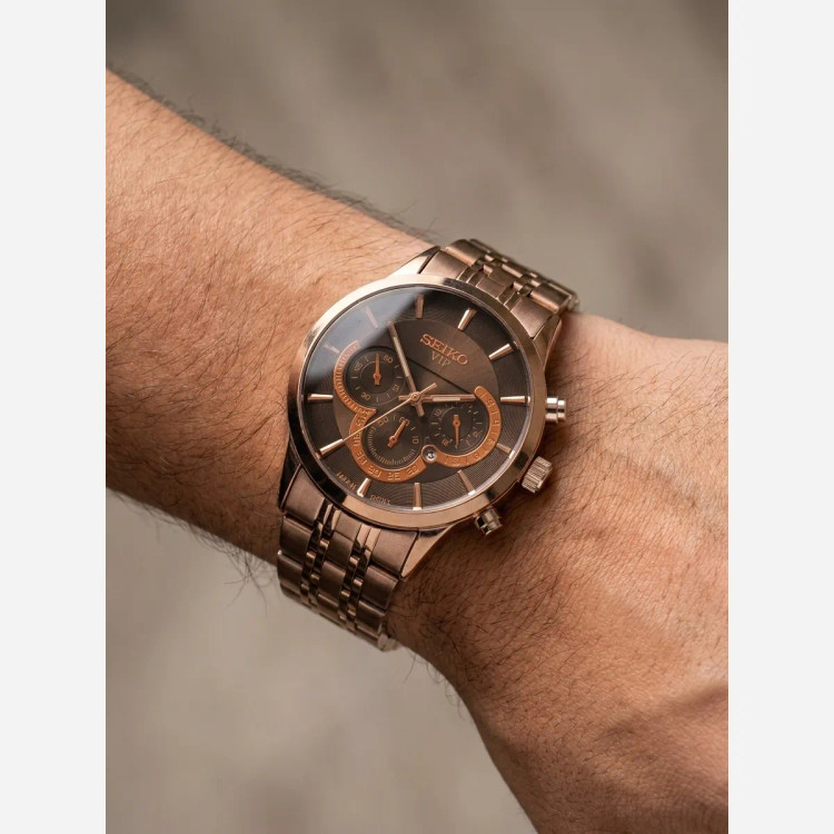 ساعت مچی مردانه سیکو طرح سه موتور صفحه مشکی رزگلد با تقویم و موتور ژاپن